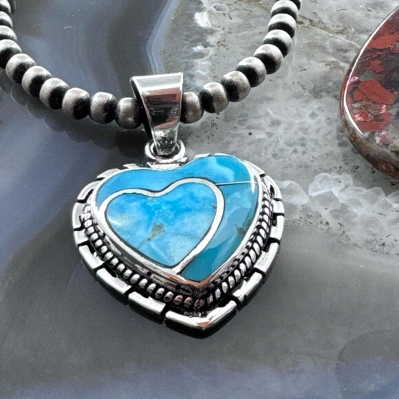 Native American Sterling Blue Ridge Turquoise Decorated Double Heart Pendant - Picture 4 of 10